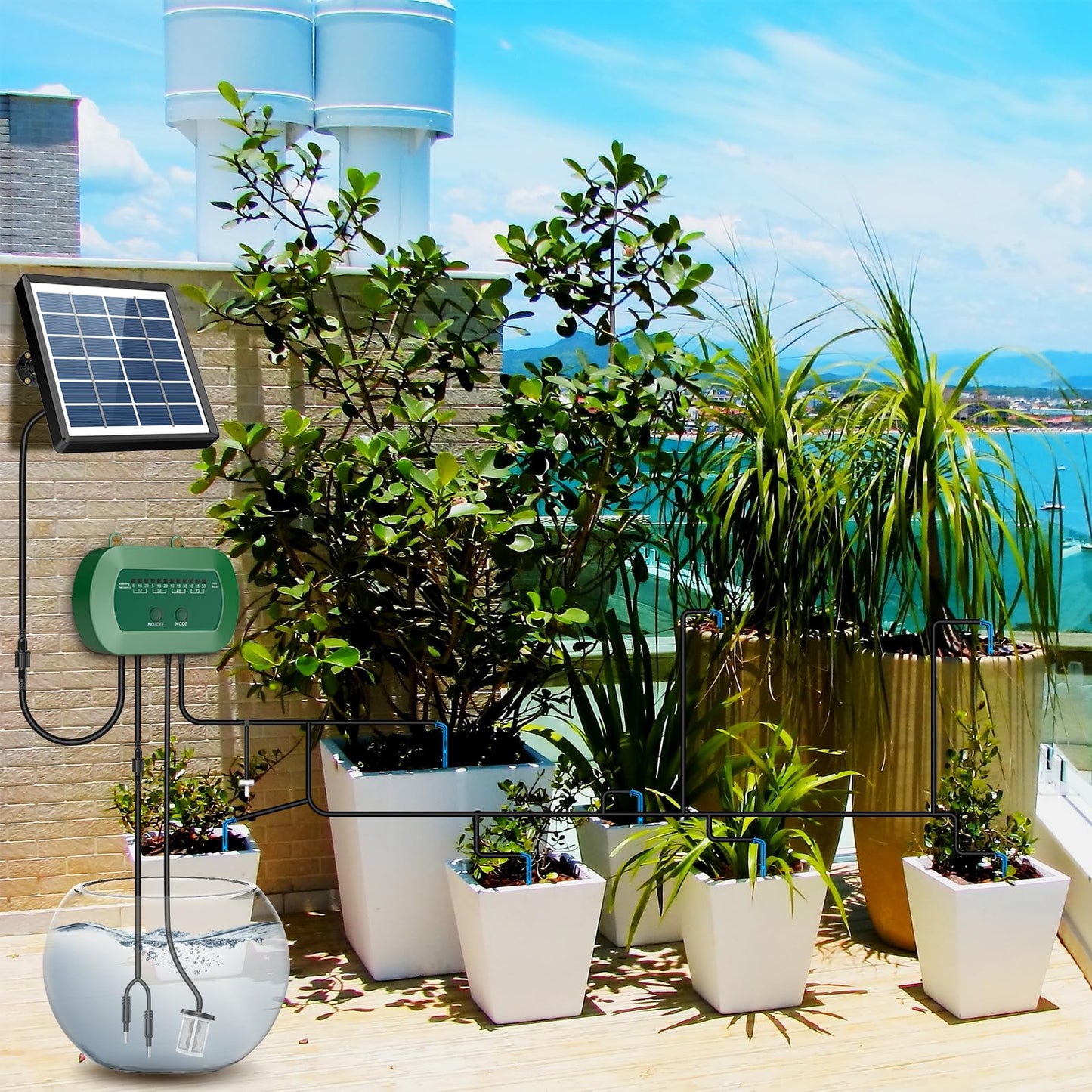AnseTo Garden Drip Irrigation System, Solar Drip Irrigation System Kit with Automatic Water Timer, for Automatic Watering System for Potted Plants in Garden, Balcony, Greenhouse, Support 15 Plants
