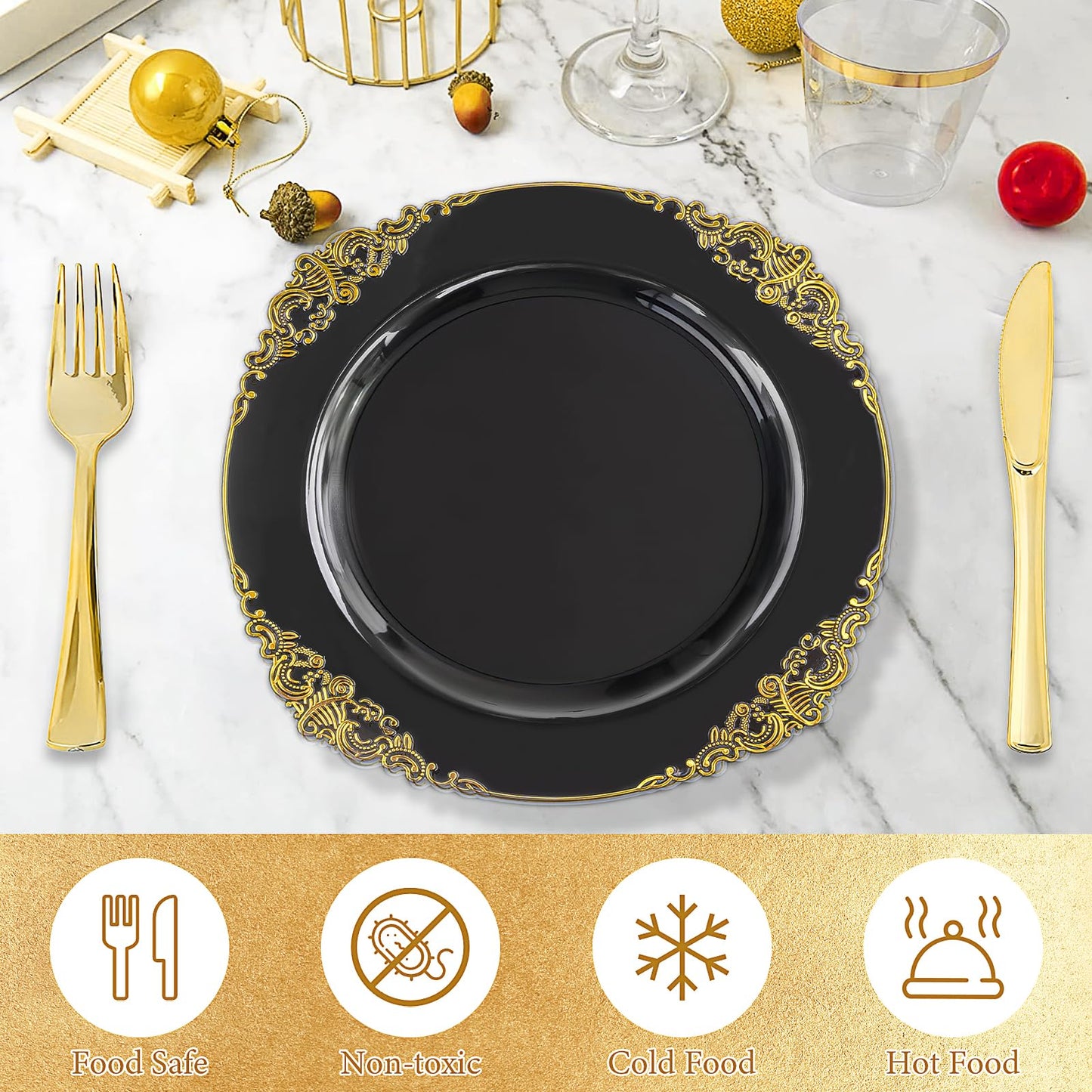 102pcs Black and Gold Plastic Plates, Disposable Party Plate Bulk, Include 51pcs 7.5inch Small Dessert Plates, 10.25inch Large Dinner Plates for Wedding Birthday Christmas Halloween Buffet Parties
