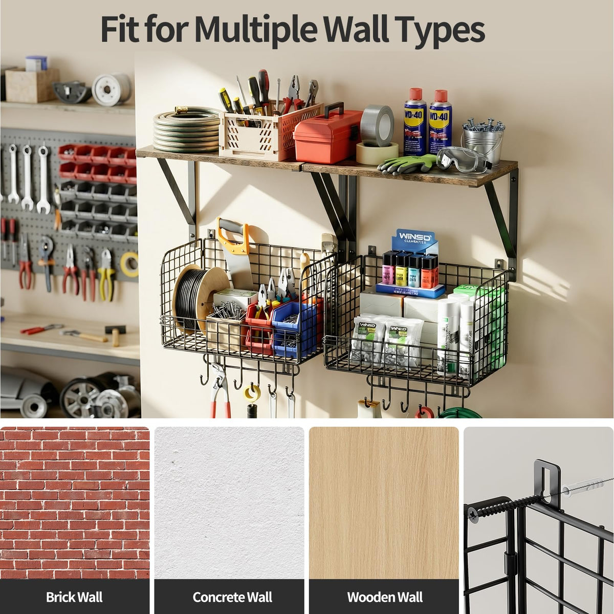 Housolution Garage Shelving Wall Mounted, Heavy-Duty Garage Wall Shelving with Baskets & Hooks Supports up to 154 LBS in Total, Tool Storage Organizer for Home, Garden, Kitchen, Laundry Room