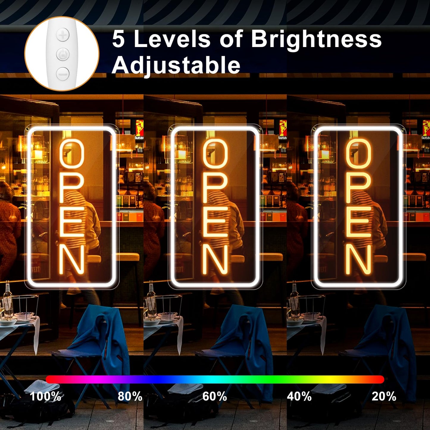 Super Bright Open Sign, 16"x 9" Dimmable LED Open Signs for Business Window, USB Powered Electric Light up Sign with On/Off Switch, Vertical Open Sign LED for Coffee shops Stores Restaurants Offices Bar