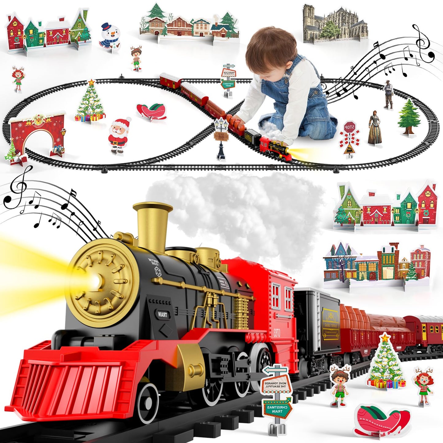 BLmukce Train Set, Kids Electric Train Toy for Boys 4-8 with Smoke, Lights & Sound, Toy Train Set with Chrimastmas Stickers, Toddler Model Birthday Gifts for Boys & Girls (43.3 in)