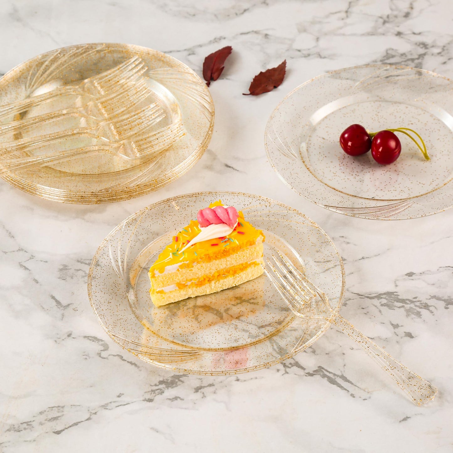 Conflech 120 Pieces Glitter Gold Plates with Plastic Forks, Gold Dessert Plates for 60 Guests, Heavy Duty Gold Plates, 60pcs 6.5" Gold Plastic Plates and 60pcs Plastic Forks Disposable Plates
