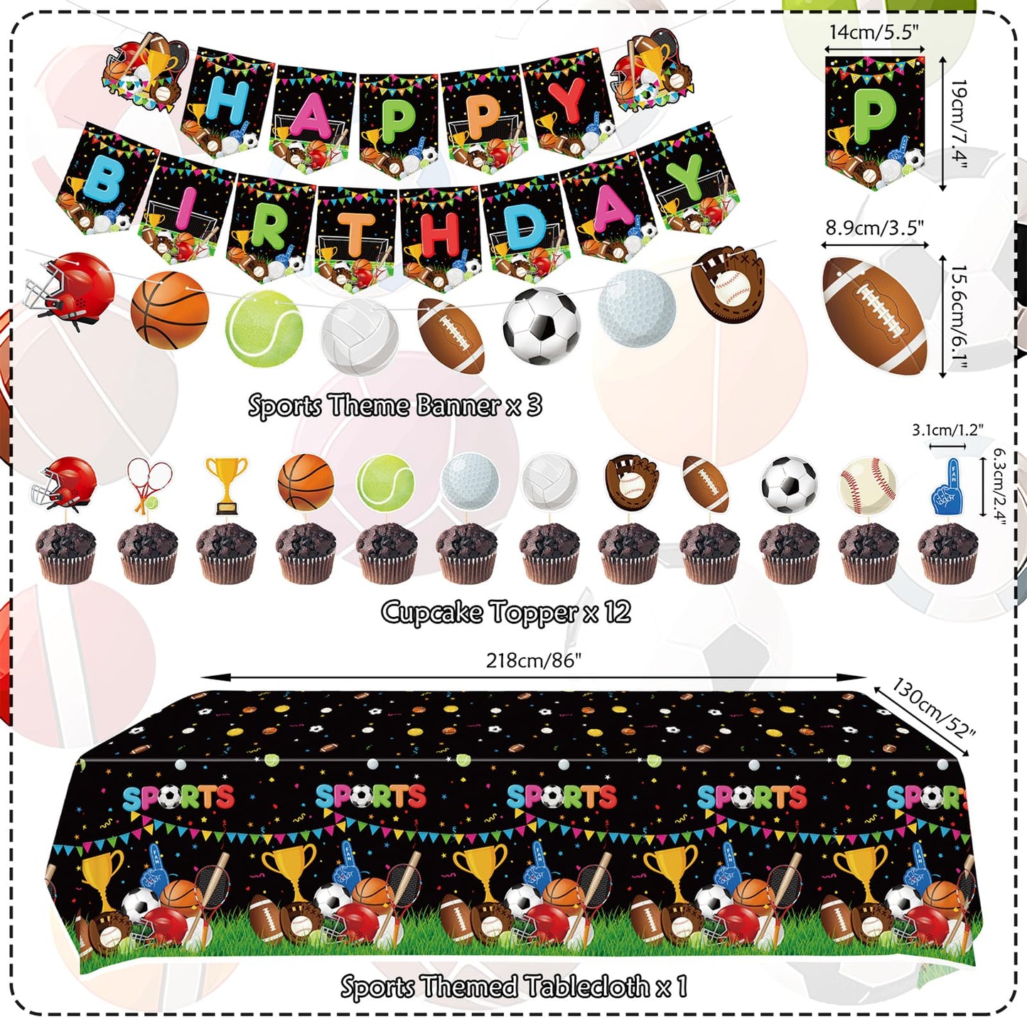 Sports Theme Birthday Party Decorations - Including Happy Birthday Banner, Tablecloth, Tableware and Balloons, Soccer Basketball Baseball Football Theme Party Supplies for Kids and Adult, Serves 20
