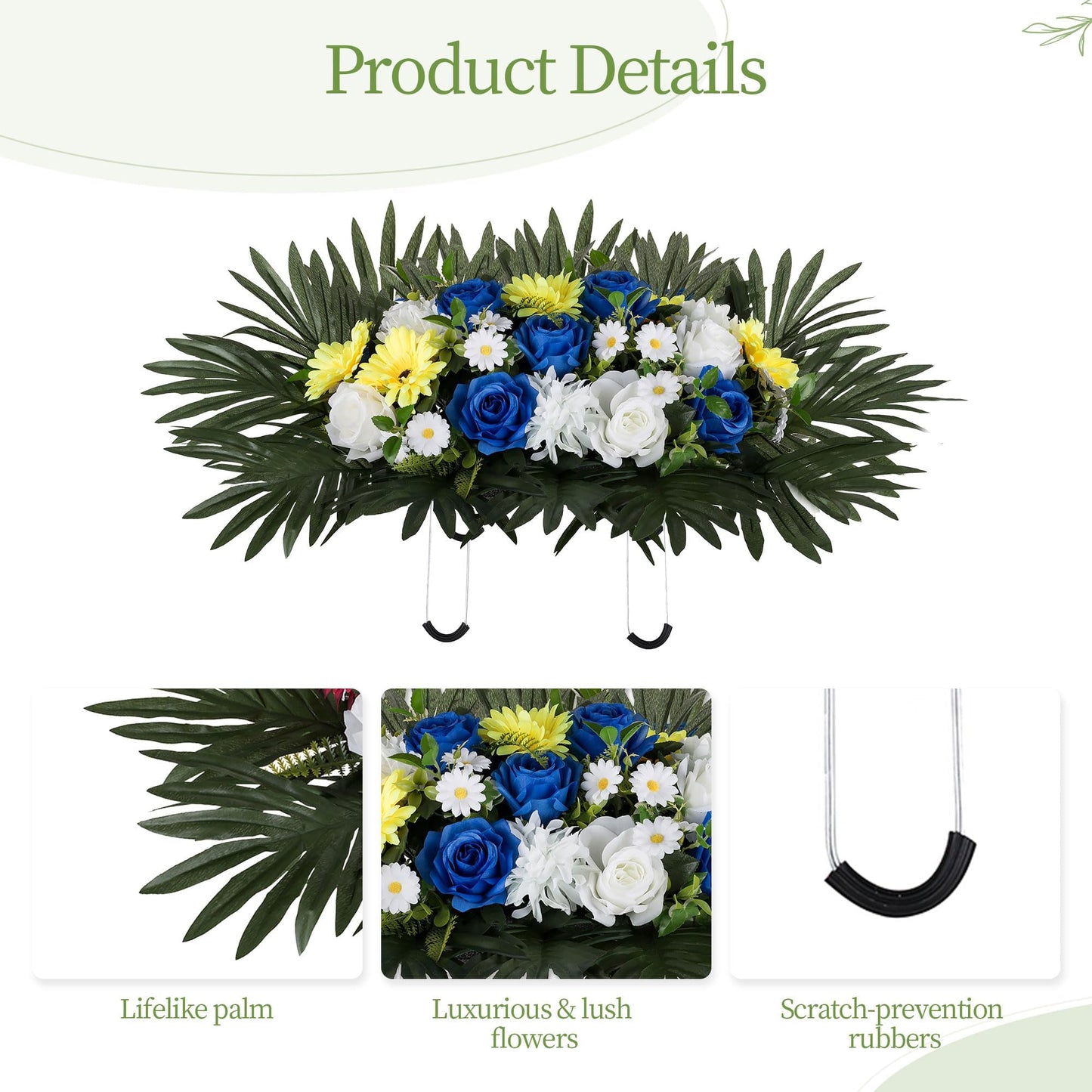 Memobloom Headstone Flower Saddle for Grave - Artificial Memorial Day Cemetery Flowers Silk Funeral Sympathy Floral Arrangements for Outdoor Gravestone Decorations(Yellow White Royal Blue)