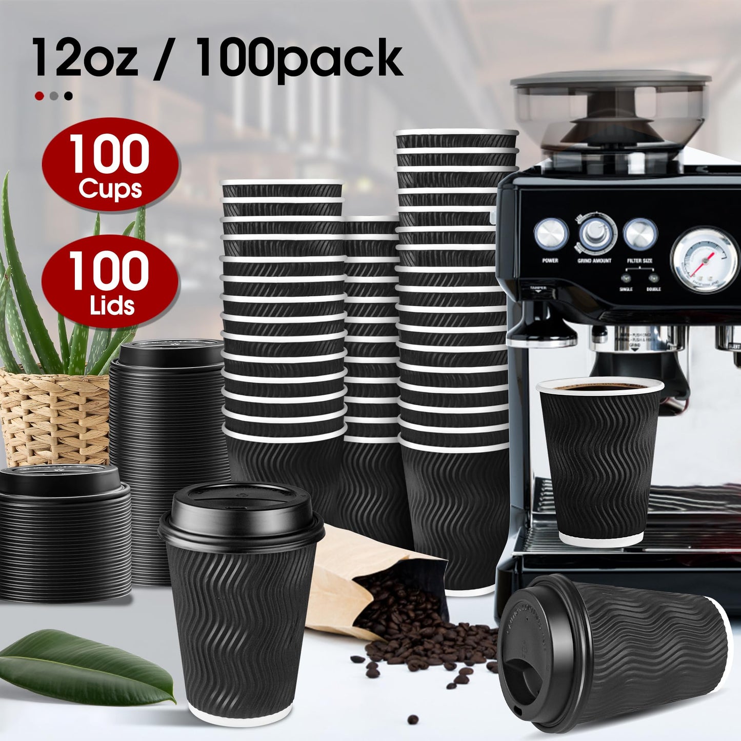 Ginkgo 100 Pack 12 oz Disposable Coffee Cups with Lids, Paper to-Go Coffee Cups Suitable for Hot Chocolate, Cocoa and Hot Tea Drinks - Perfect Coffee Bar Accessories