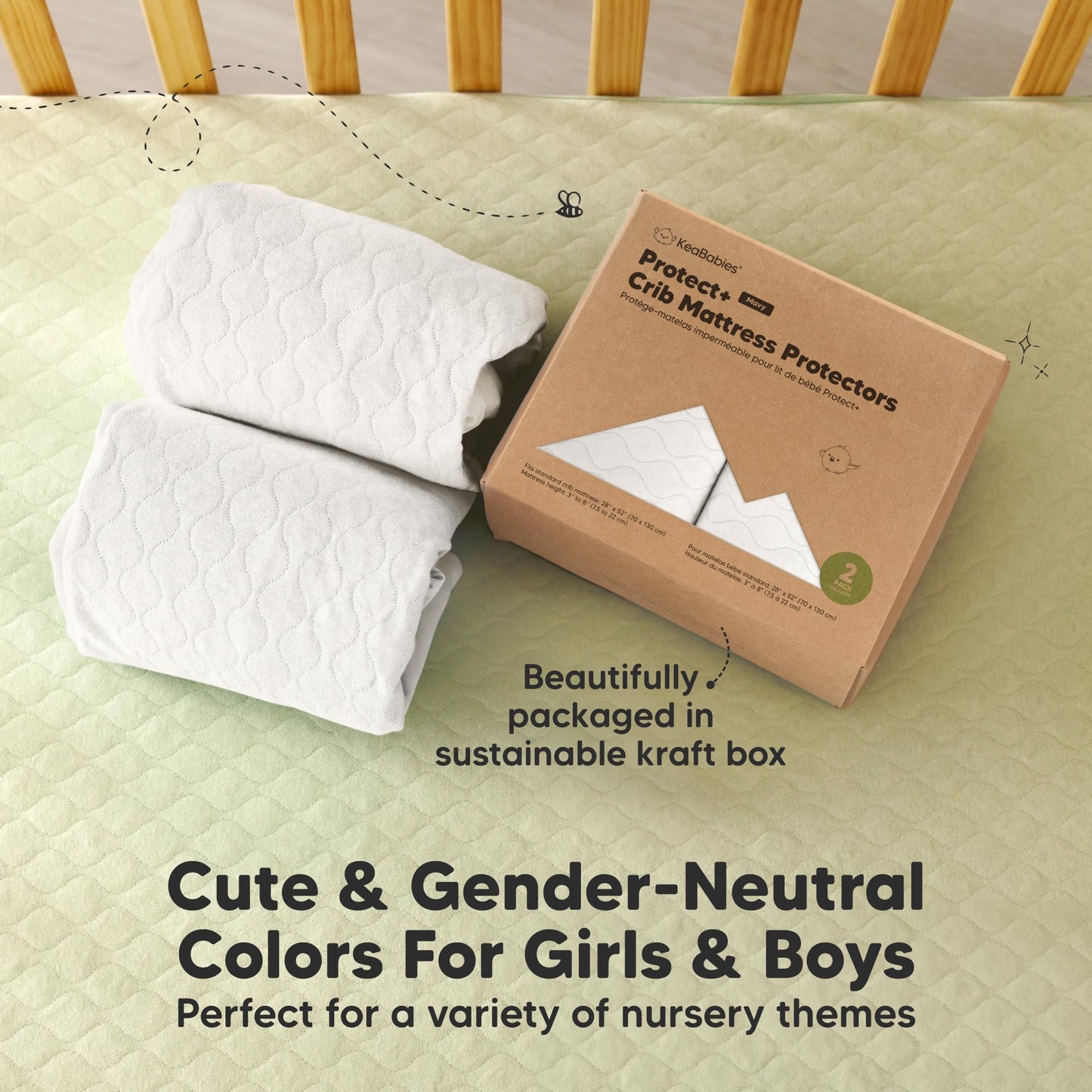 Waterproof Crib Mattress Protector Cover Fitted - 2-Pack Quiet Baby Mattress Topper Crib Sheets, 52" x 28" Soft Quilted Cotton Baby Sheet, Easy Fit, Durable Toddler Liner (Soft White)