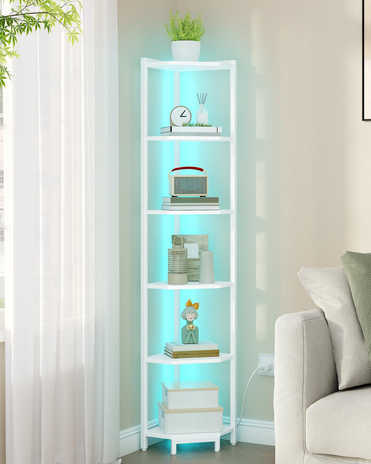 Hzuaneri Corner Shelf with LED Light, 6-Tier Corner Bookshelf, Tall Narrow Display Bookcase with Metal Frame, Standing Shelf for Small Space, Living Room, Home Office, Bedroom, White CS66613W