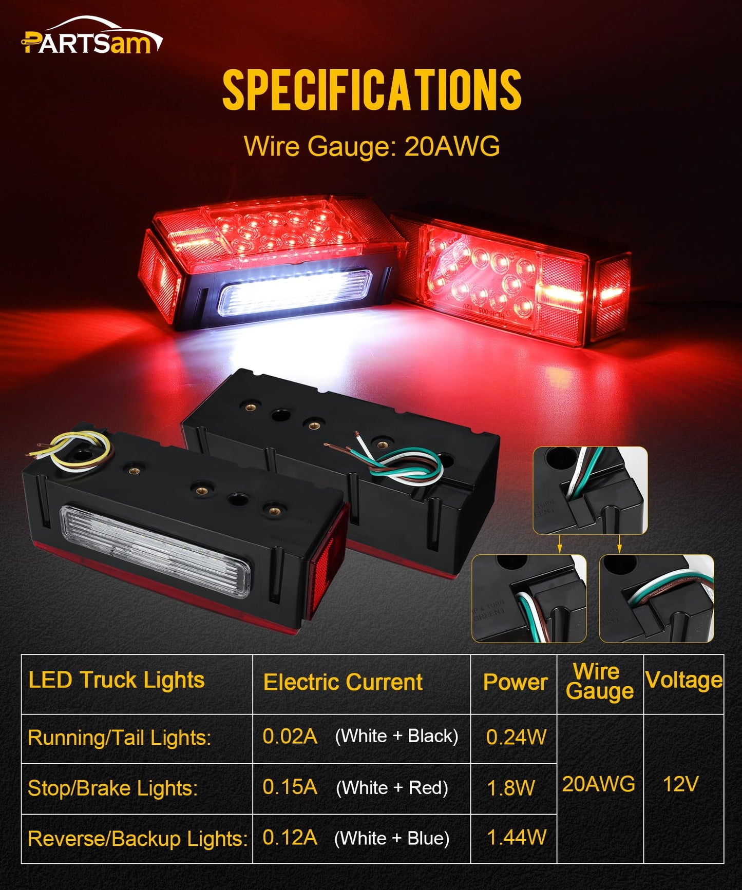 Partsam 12V LED Low Profile Waterproof Rectangular Trailer Light Kit, Waterproof LED Combination Trailer Tail Light Kit Stop Brake License Plate Turn Running Lights Boat Trailer Lights Truck Marine