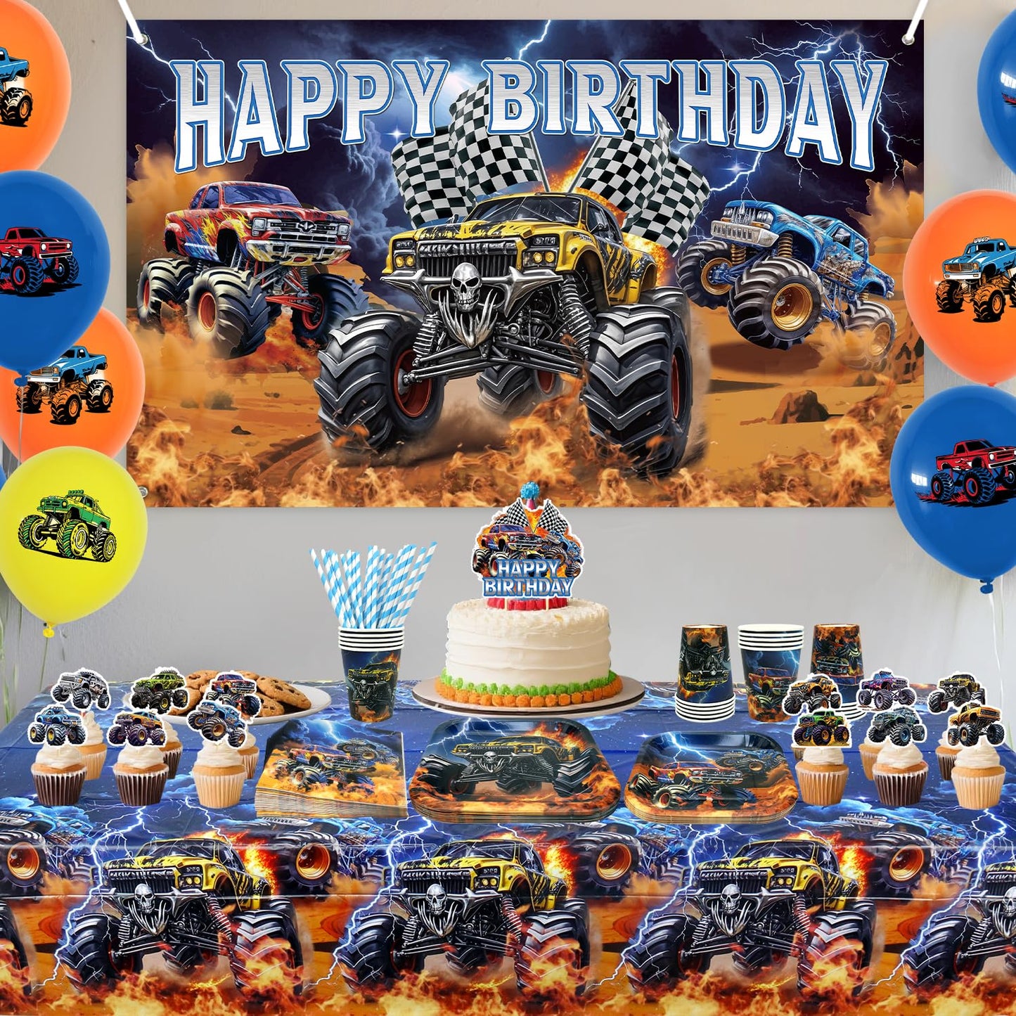 Obussgar Monster Truck Birthday Party Decorations - Monster Truck Party Supplies including Backdrop, Plate, Cake Topper, Cup, Napkin, Balloon, Tablecloth - Serves 20 (BJ)