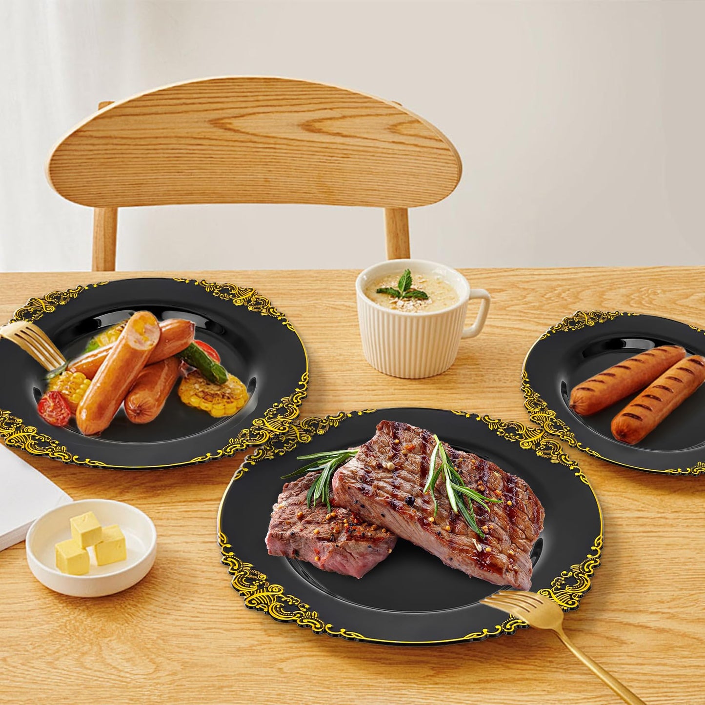 211 Piece Plastic Plates with Gold Trim, Fancy Disposable Dinnerware Set Include Dinner Plates, Dessert Plates, Cups, Napkins, Silverware and Tablecloth for Party Wedding Halloween, 30 Guests