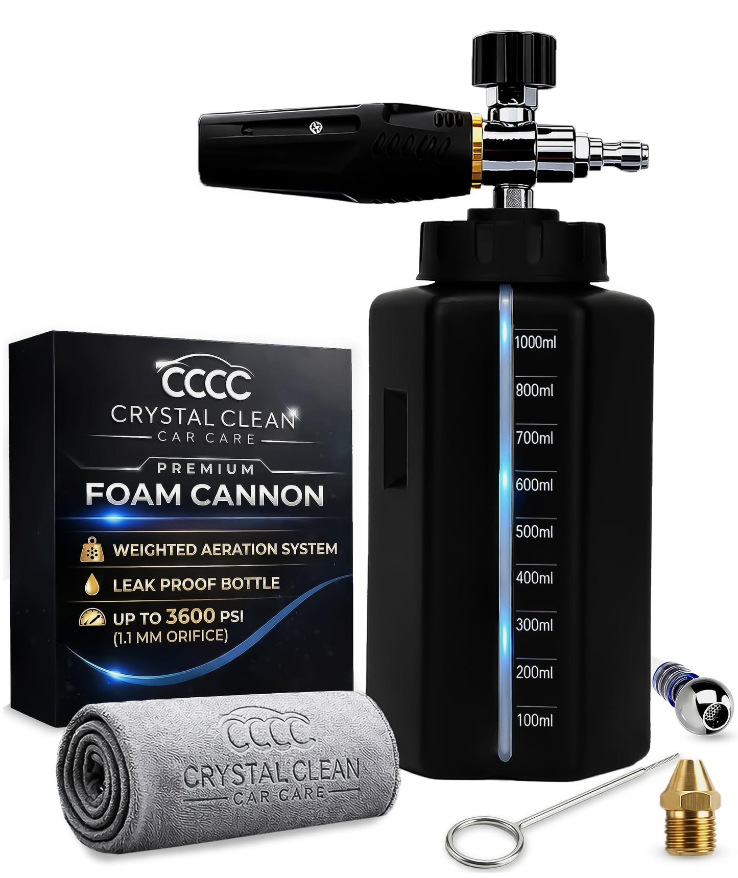 Crystal Clean Foam Cannon for Pressure Washer – High Performance Adjustable Foam Sprayer with 1/4” Quick Connector, Thick Foaming Spray Nozzle, 1000ml Wide Mouth Bottle for Car Wash