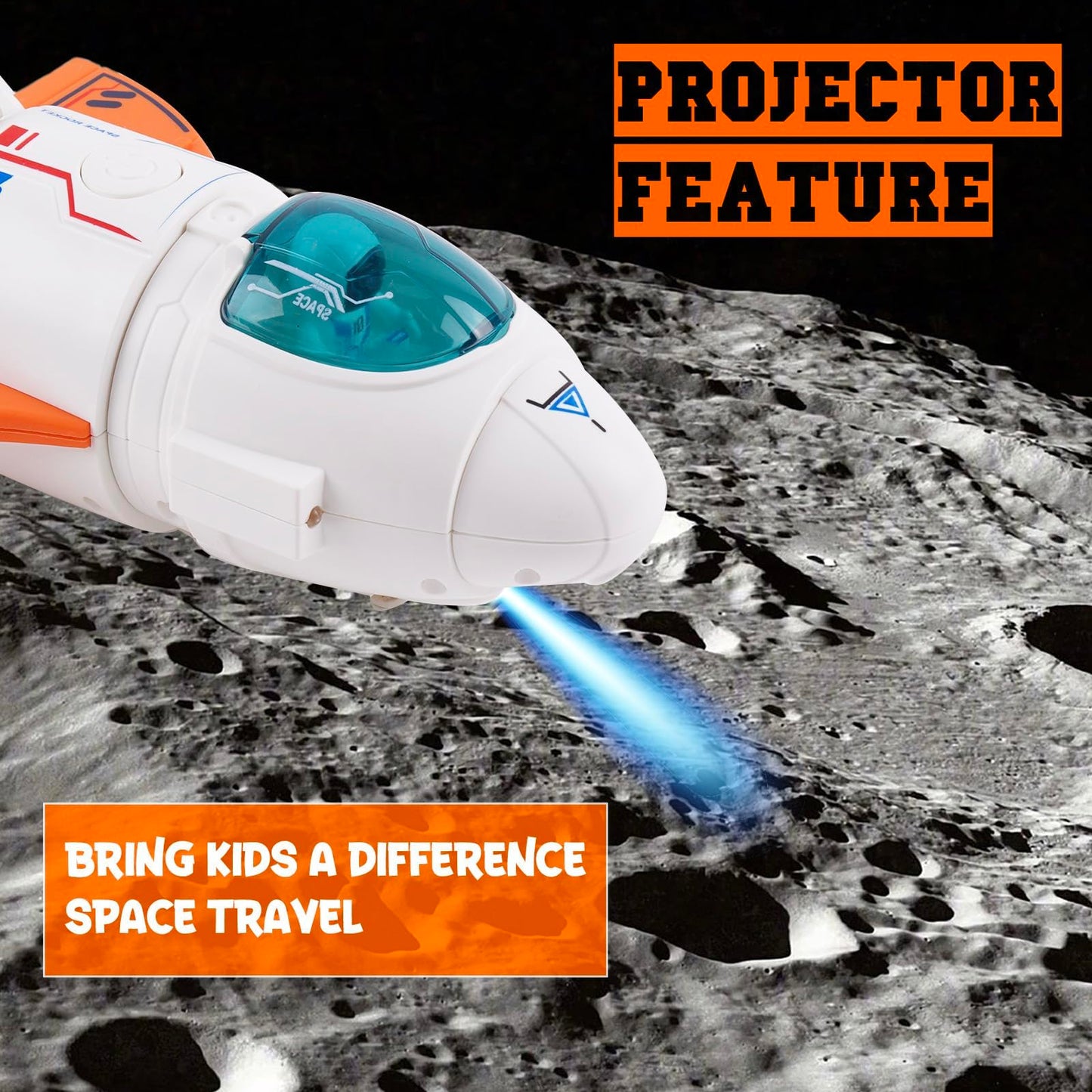 Spaceship Toy for Boys, Space Shuttle Toys with Sound, 3 Astronauts Figure, Openable Cockpit, Spray Exhaust, Venture Space Playset with Lunar car (Orange)