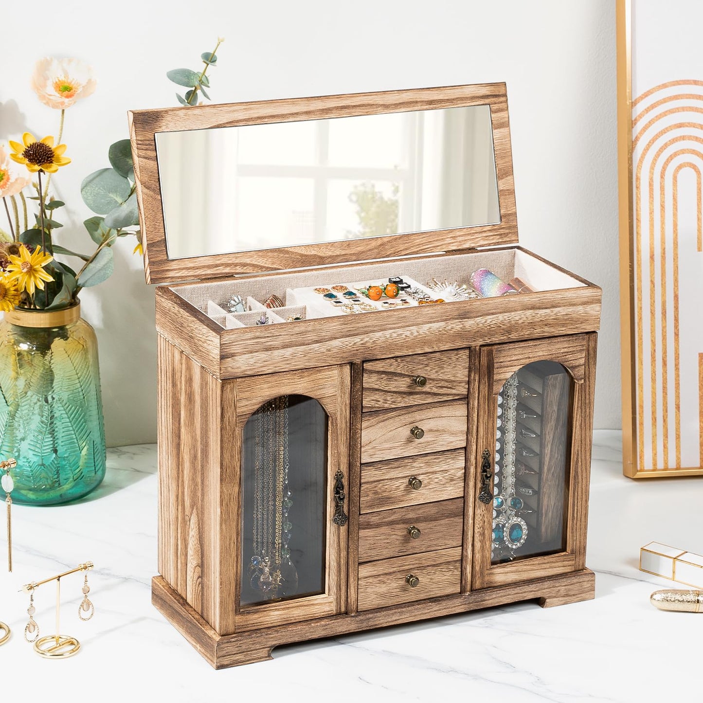 Emfogo Jewelry Box for Women Girls, Rustic Wooden Jewelry Organizer Box with Mirror, 5 Layer Jewelry Storage Case Display for Necklaces Earrings Rings Bracelets Valentine's Day Gifts