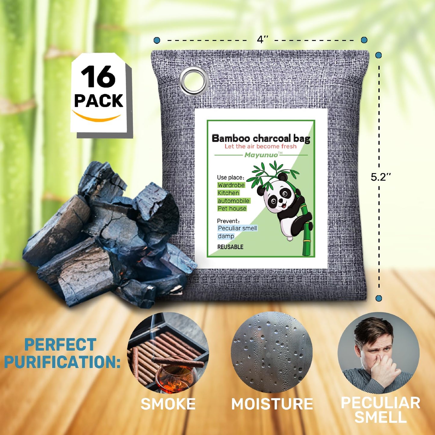 Mayunuo Activated Charcoal Odor Absorber for Strong Odor in Basement, Cars, Closets, Smoke, Shoes. 16 Pack Bamboo Charcoal Air Purifying Bags Deodorizer Odor Eliminator for Home