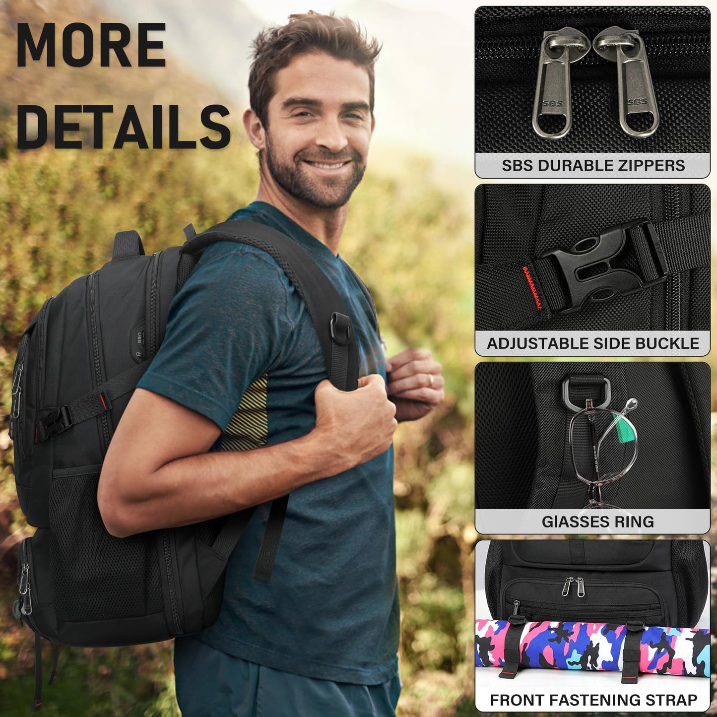 NUBILY Lunch Backpack, 17.3 Inch Laptop Backpack with USB Charging Port 50L Travel Backpack for Men Women Backpack with Insulated Cooler Bag Waterproof Computer，Black Backpack for College, Work