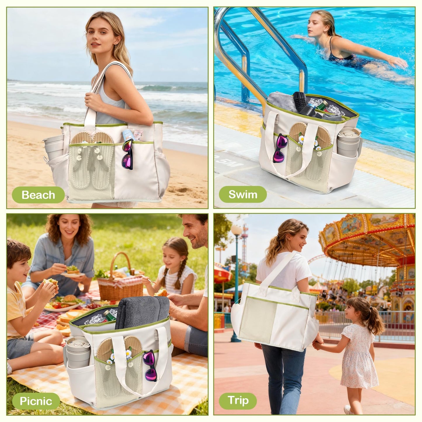 Odoland Cooler Bag, Insulated Leakproof Beach Cooler Backpack with 2 Compartment for Women, 2 in 1 Large Capacity Soft Tote Cooler Bag with Multiple Pockets for Beach Picnic Trip Daily Use,White