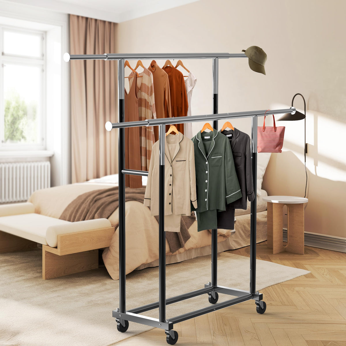 Simple Houseware Standard Double Rods Clothes Hanging Rack on Wheels - Expandable Metal Garment Rack, Black