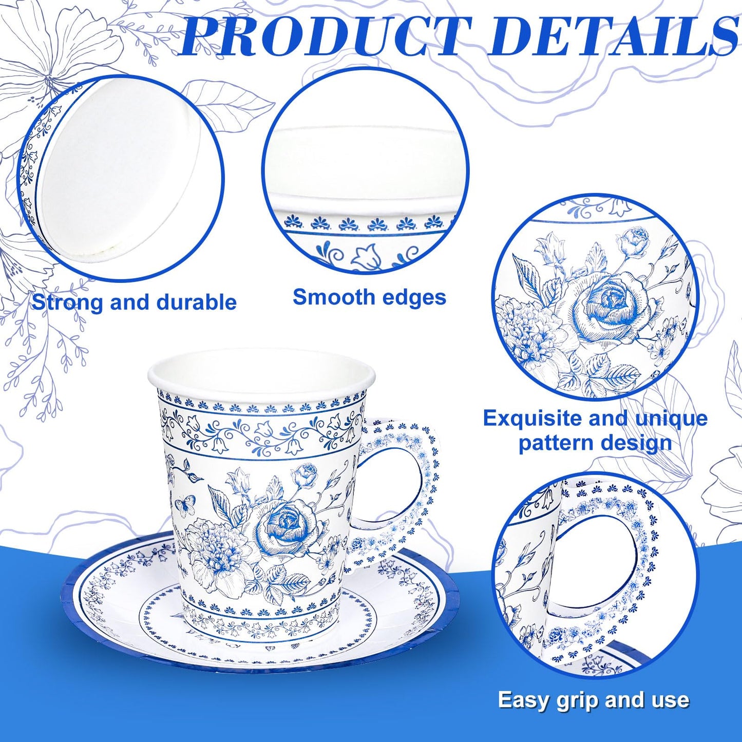 Whaline 80Pcs Blue White Floral Paper Tea Party Cups with Handles Chinoiserie Flower 9oz Disposable Teacups with Dessert Plates for Wedding Birthday Spring Tea Party