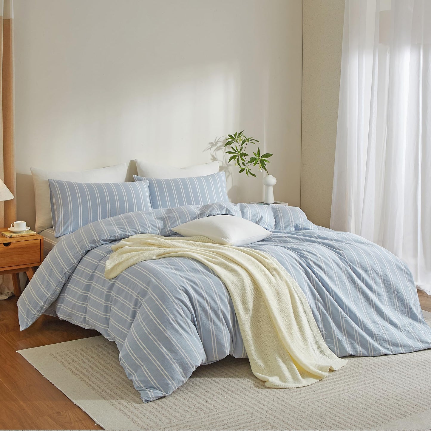 Duvet Cover Full Size Blue White Striped Duvet Cover Set Washed Cotton Linen Feel Chic Bedding Set for All Seasons Breathable Durable Textured (Wide Striped QLBT)