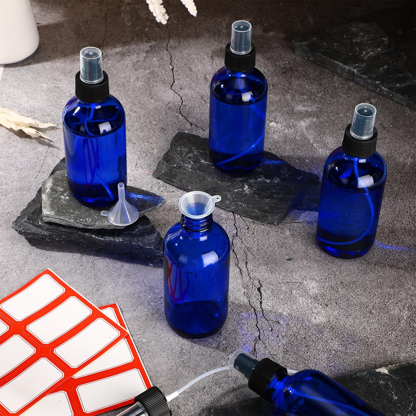 Norme 12 Pcs 8 oz Glass Spray Bottles with Funnels and Labels Refillable Cosmetic Empty Spray Bottles with Sprayer Containers for Essential Oil Cleaning Solutions(Blue,Stylish)