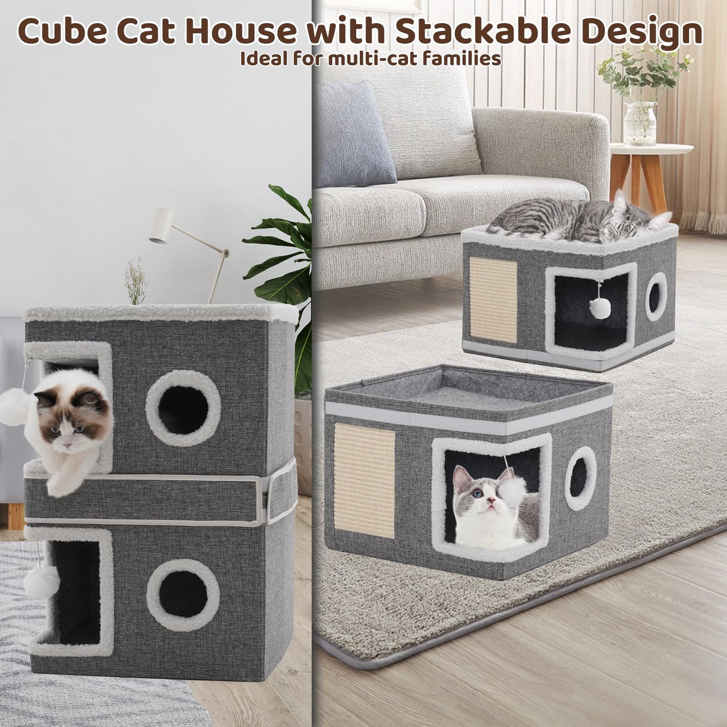 3 Storey Cat House for Indoor Cats Cube Condo, Stackable Cat Cave Beds & Furniture with Scratch Pad and Peephole, Cute Modern Cat Condo for Multi Small Medium Pet Kitten Puppy