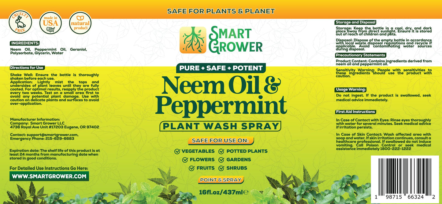 Neem Oil Spray for Plants with Peppermint Oil, Natural Plant Wash Made for Indoor and Outdoor Plants Smart Grower 16oz Easy Ready to Use Spray
