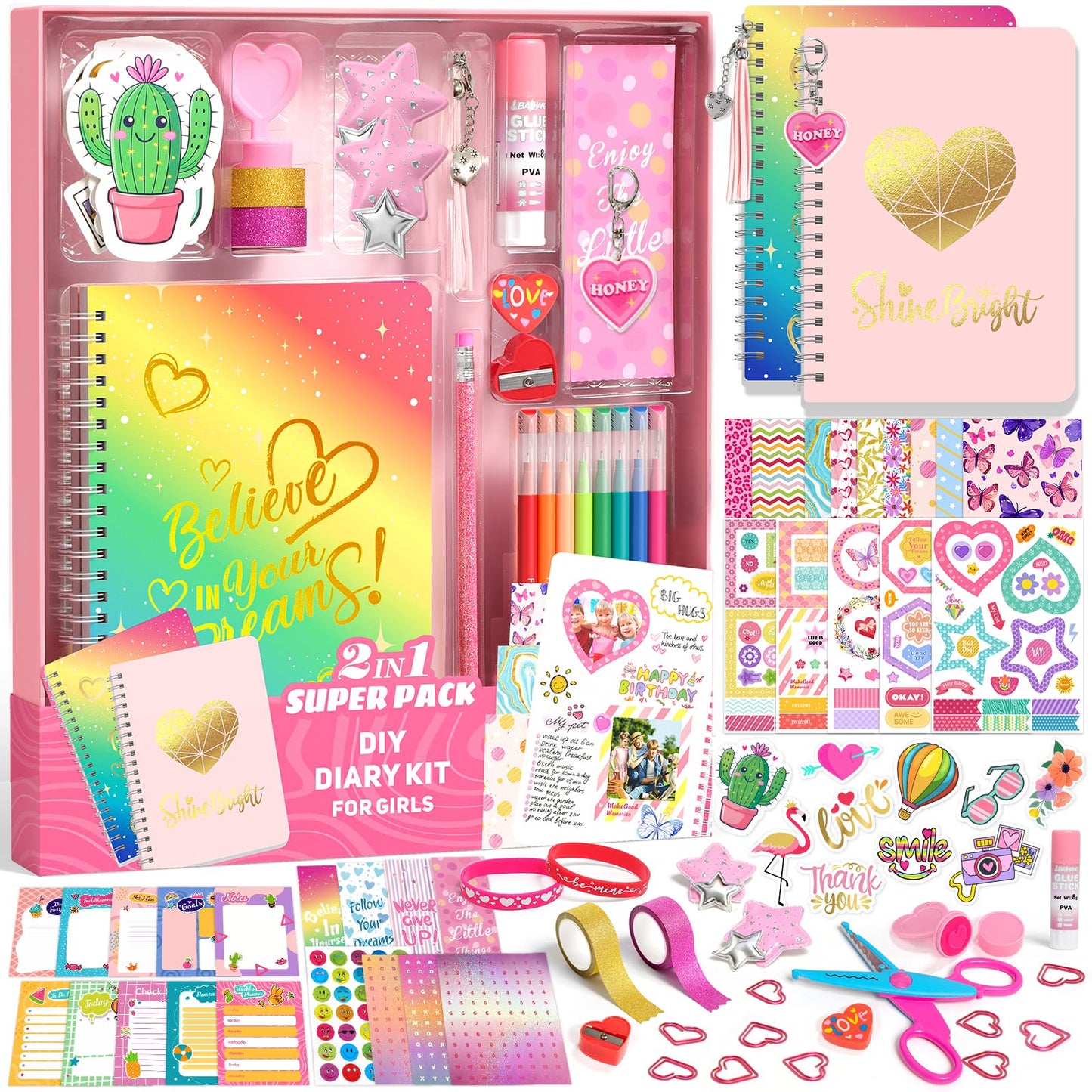 Axirata 2-Pack DIY Journal Kit for Girls, Journal Set for Tween & Teen Girls 6-8-14 Year Old, Art & Crafts Stationery Kit, Scrapbook & Diary Supplies Toy Set Birthday Christmas Ideal Gift for Girls