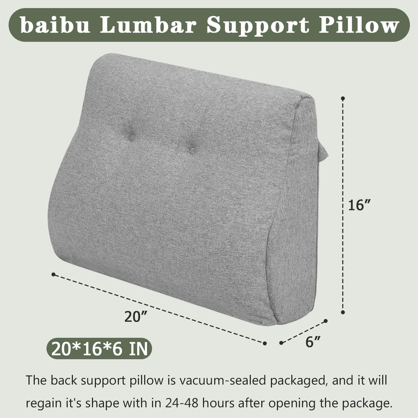 baibu Lumbar Support Pillow for Couch, Dual-Layer Patent Design Back Support Pillow with Memory Foam Ergonomic Orthopedic Recliner Lumbar Cushions for Elderly Lower Back Pain Relief, Grey, 1PC