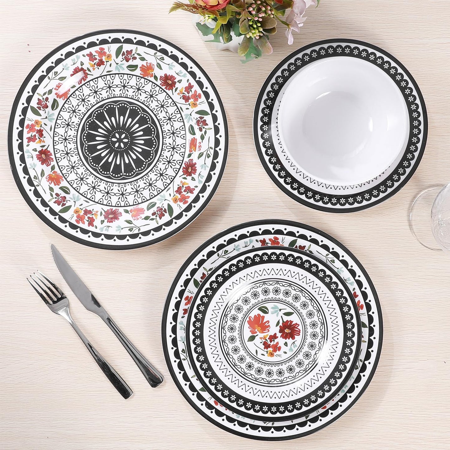 Gofunfun 12-Piece Melamine Dinnerware Sets,Unbreakable Dinnerware for Indoor and Outdoor Use, Dishwasher Safe, Lightweight Dinner Service for 4, Black and White, Retro Flower, ZS-DM011