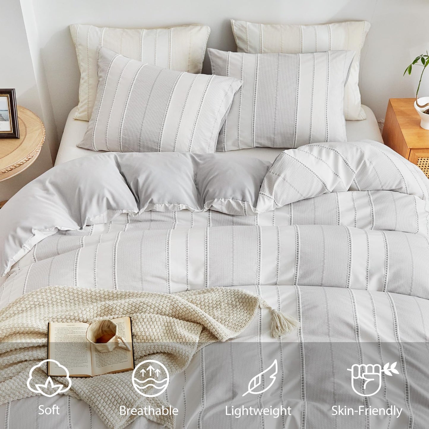 WARMDERN Striped Duvet Cover Lightgrey Queen, Lightgrey with White Striped Weave Pattern Bedding, Microfiber Soft Textured Duvet Cover Set with Zipper Closure and Corner Ties (Lightgrey, Queen)