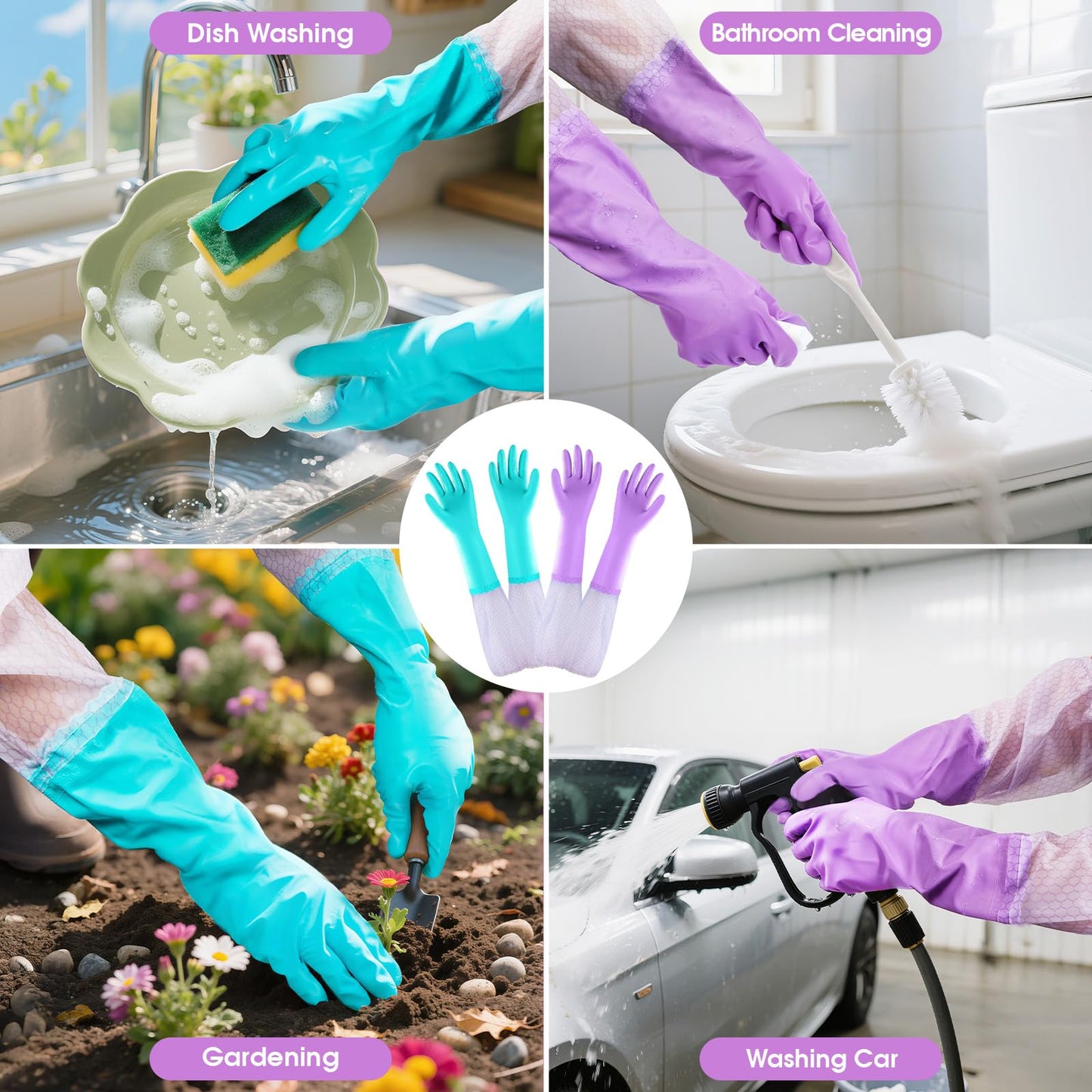 Reusable Dishwashing Cleaning Gloves with Latex Free, Long Cuff,Cotton Lining,Kitchen Gloves 2 Pairs (Large, Purple+Blue)