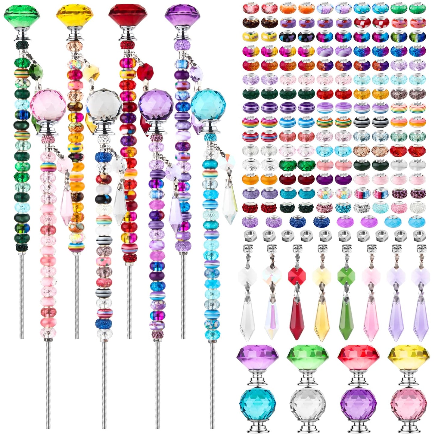 192Pcs DIY Fairy Wand Beaded Garden Stakes Kit, Fairy Wands Kit with Sparkling Crystal Pendants, Suitable for Different Holidays Garden Stakes Decorative Outdoor Beadable Items(10IN)