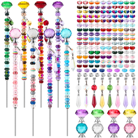 192Pcs DIY Fairy Wand Beaded Garden Stakes Kit, Fairy Wands Kit with Sparkling Crystal Pendants, Suitable for Different Holidays Garden Stakes Decorative Outdoor Beadable Items(10IN)