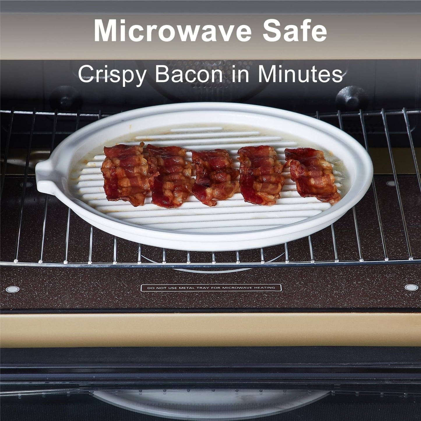 ONEMORE Microwave Bacon Tray with Lid Ceramic Bacon Cooker Meat Rack for Oven Cooking Crispy Bacon Maker with Cover - 10.5 inch Round Bacon Dish Plate, White