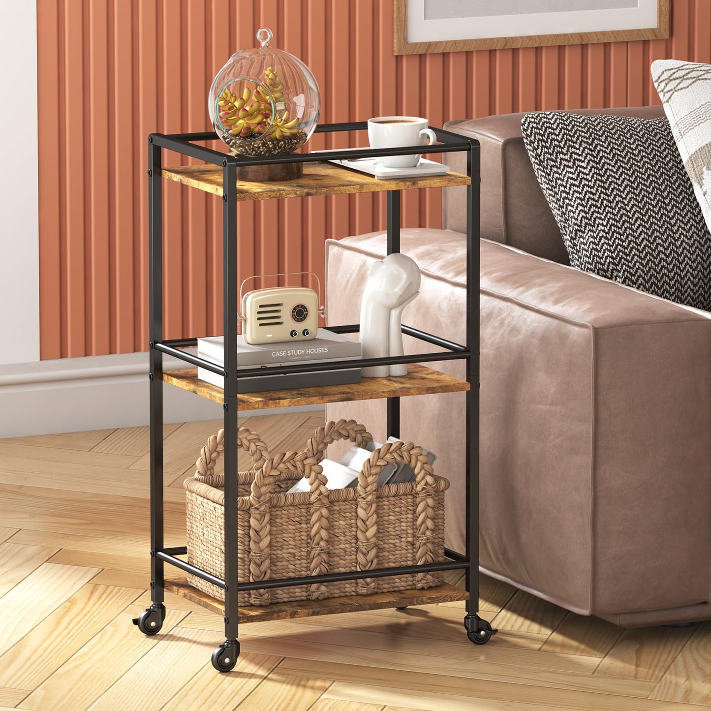 Lifewit Bar Cart for The Home, 3 Tier Small Coffee Cart, Rolling Mini Wine Cart with Lockable Wheels, Drink Serving Cart for Kitchen, Living Room, 17" x 11.8" x 32.1", Rustic Brown