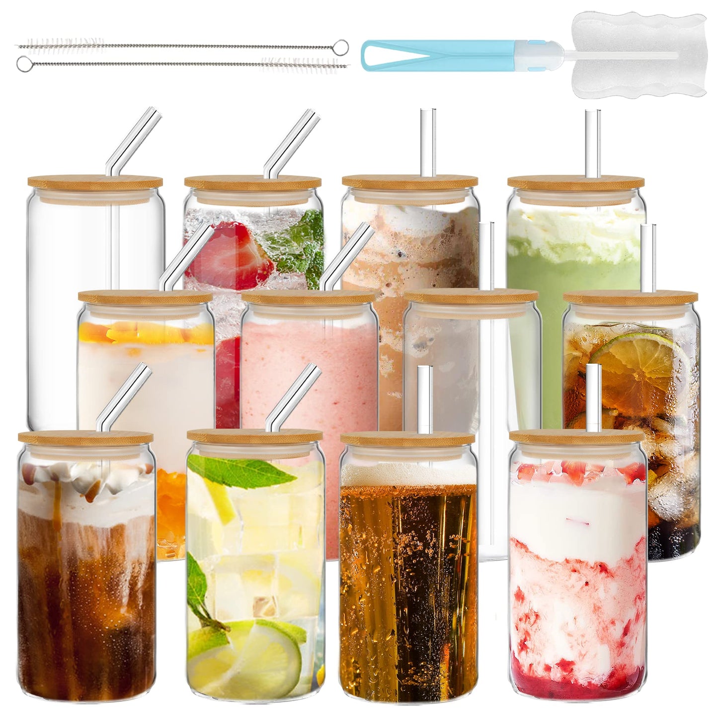 GIVAMEIHF Drinking Glasses with Bamboo Lids and Glass Straw 12pcs,16oz Glass Cups with Lids and Straws,Iced Coffee Glasses,Cute Tumbler Cups for Soda,Coffee Cups