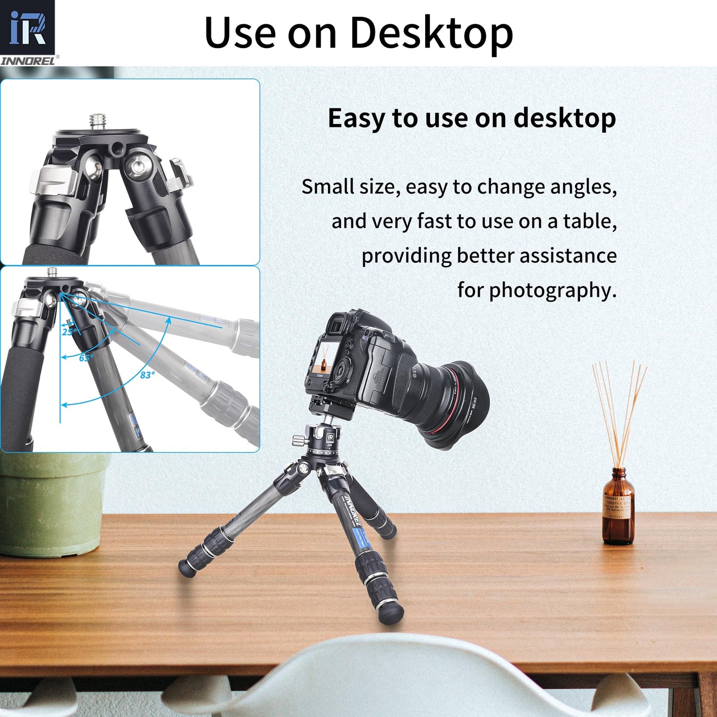 INNOREL 10-Layer Carbon Fiber Mini Tripod CT223C with 28mm Low Profile Ballhead & Center Column, Black, Tabletop Camera & Smartphone Tripod, Compact Portable, Max Load 22lb/10kg