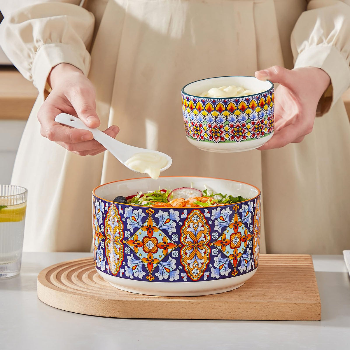 vancasso Mixing Bowls with Lids Set of 4, Ceramic Nesting Bowls Serving Bowl for Food Storage, Microwave and Dishwasher Safe, 1800/1080/600/300 ML, Series SIMI