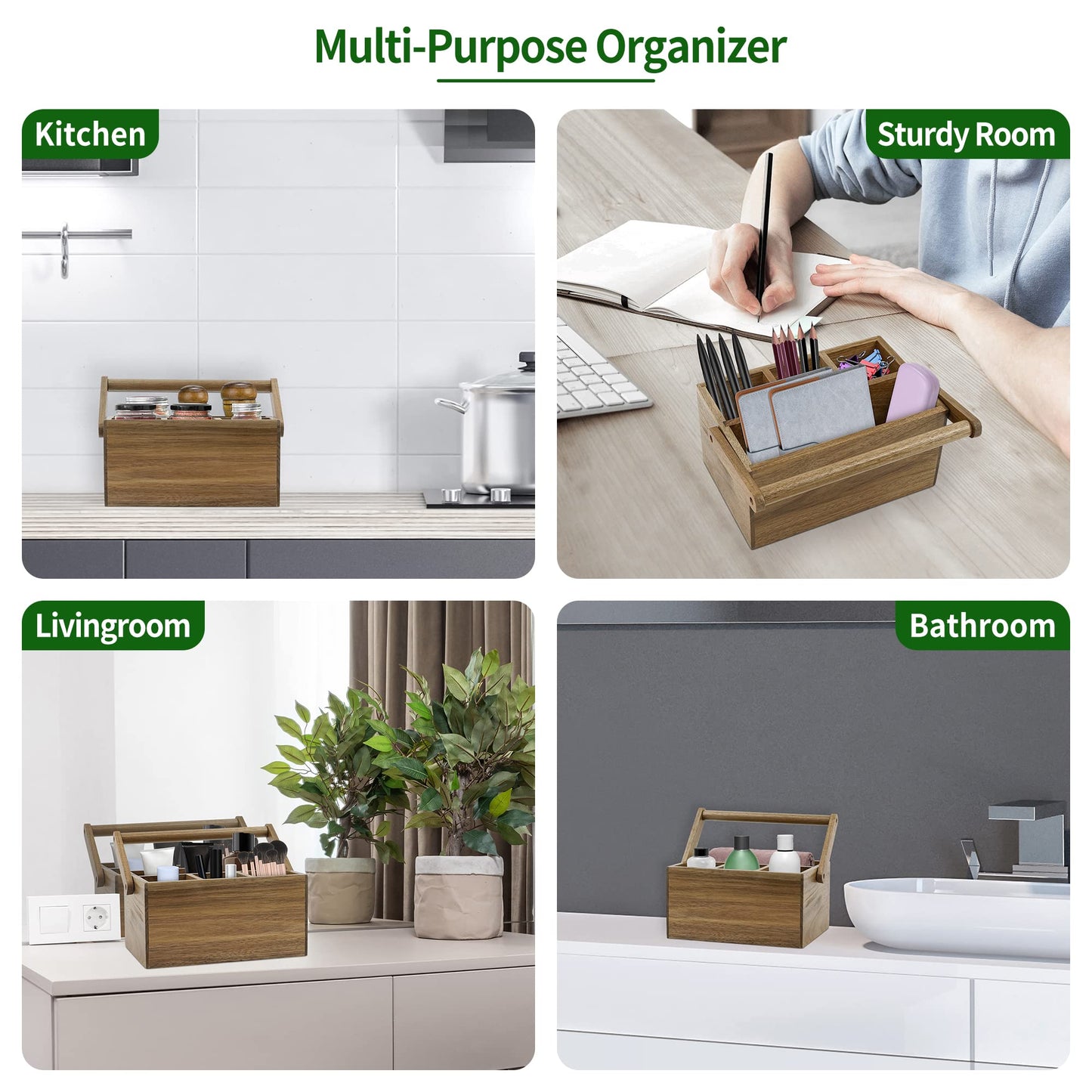 VaeFae Acacia Cutlery Caddy with Handle, Wooden Utensil Holder, Mulip-pose Organizer for Kitchen, Office, Bathroom, Bedroom