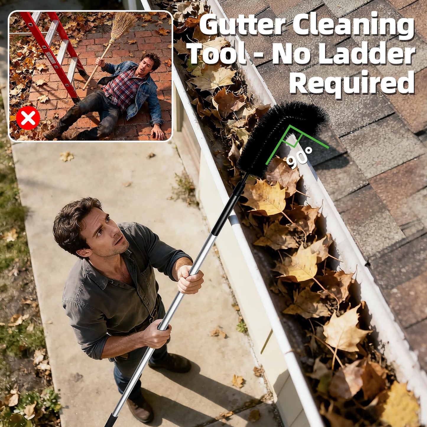 13 FT Gutter Cleaning Tool, Roof Gutter Brush, Clear Leaves from Roof Gutters Without a Ladder, Includes 2 Cleaning Brushes & Black