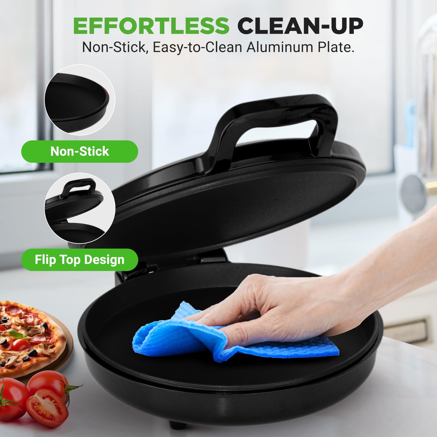 NutriChef Countertop Pizza Maker 1500W Non-Stick Electric Pizza Cooker Temp Control Handle Make 12" Pizzas, Eggs, Toast & More Cool-Touch Handles, Compact 175–400°F Black