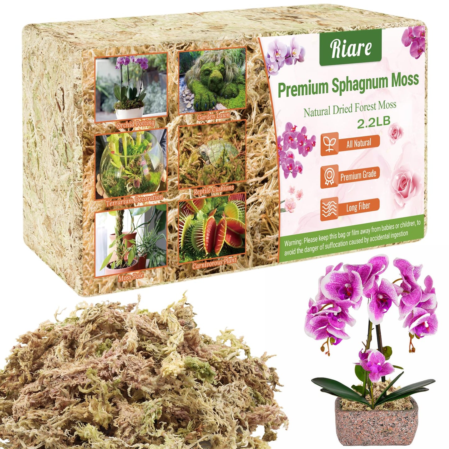 Riare 2.2 LBS Premium Sphagnum Moss- Natural Long Fibered Sphagnum Peat Moss Plants Moss Dried, Carnivorous Plants Moss Orchid Potting Mix for Orchids, Succulent, Reptiles (20QT)