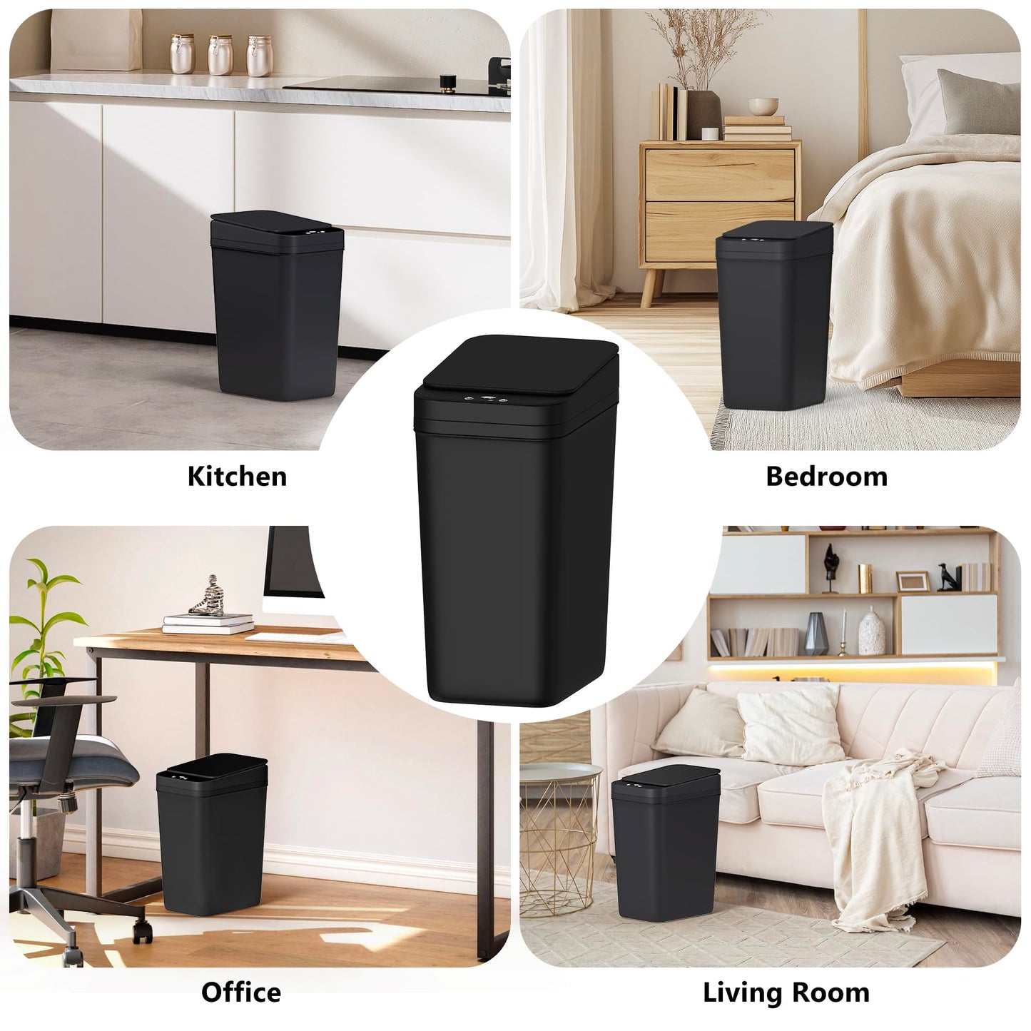 3 Pack Bathroom Trash Can with Lid Touchless Automatic Garbage Can, 2.6 Gallon Slim Waterproof Motion Sensor Smart Trash Can, Small Plastic Trash Bin for Bedroom, Office, Living Room-Black