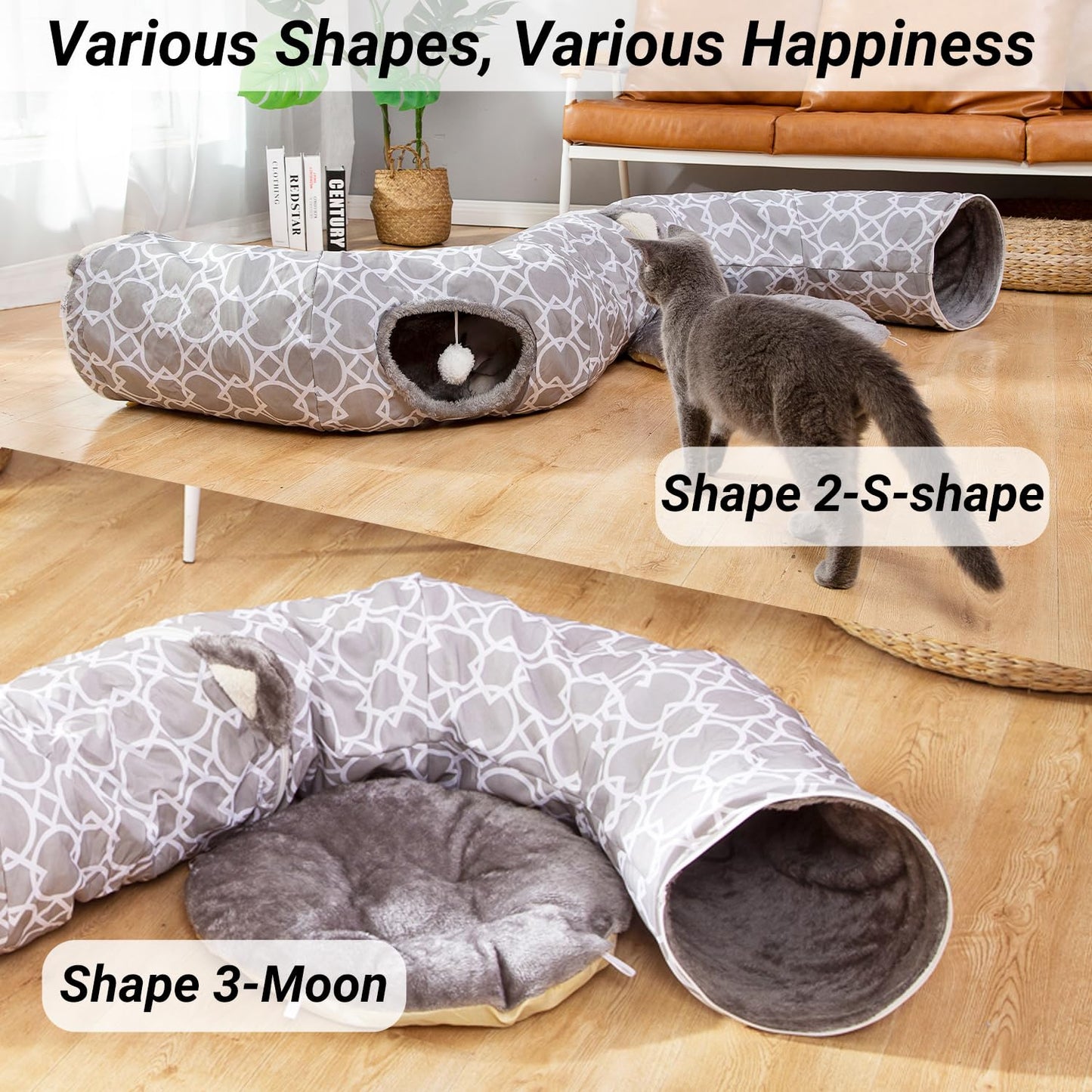 Cat Dog Tunnel Bed with Cushion Tube Toys Oxford Cloth Large Diameter Longer Crinkle Collapsible 3 Way for Cats Kittens Kitty Puppy Outdoor 6FT (Grey-White)