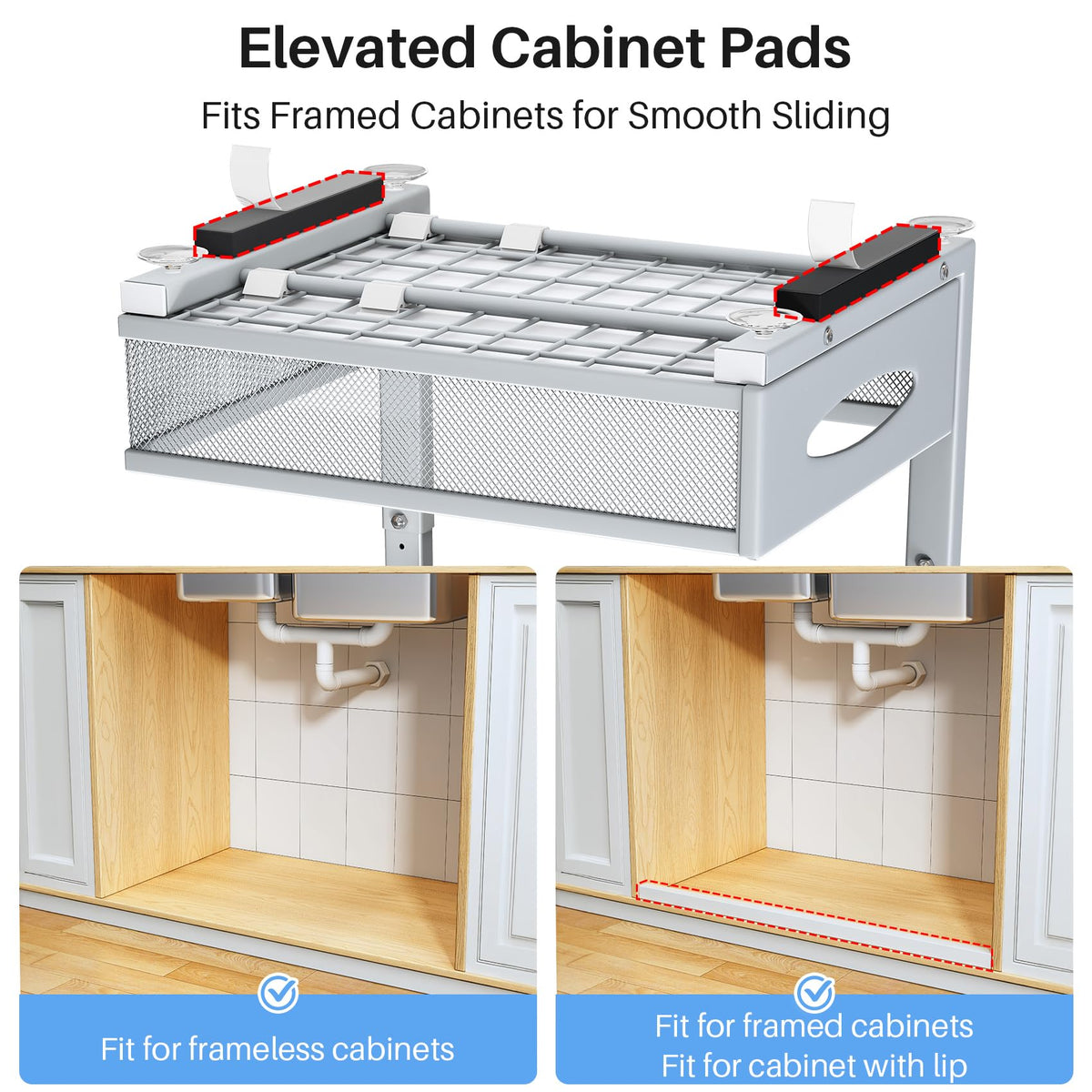 Under Sink Organizer, 2 Pack 2 Tier Pull Out Under Cabinet Organizer Shelf with Pad for Framed Cabinets, Metal Slide Out Under Sink Storage, Mesh Sliding Drawers for Kitchen Bathroom Laundry, Grey