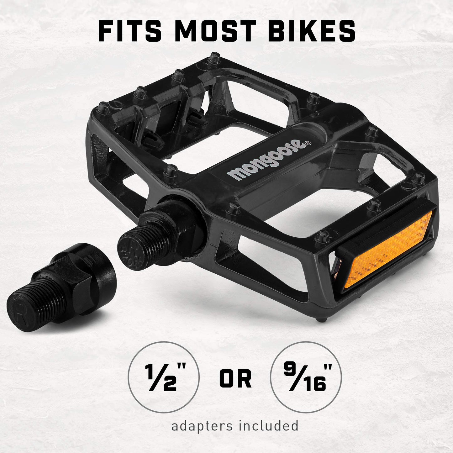 Mongoose Mountain Bike Pedals, Black, Set of 2, Lightweight and Durable Alloy Stands Up to Tough Riding, with Reflectors, Fits 1/2" or 9/16" Cranks, Easy Installation, Replacement Bike Pedals
