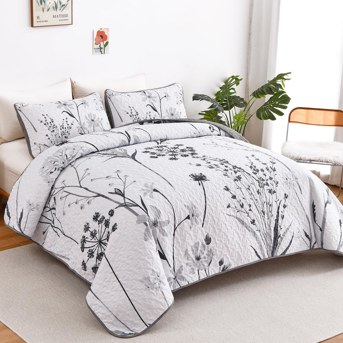 Dobuyly Floral Quilt Queen Size Set, Grey and White Botanical Queen Quilt Bedding Set 3 Pieces Soft Lightweight Microfiber Bedspread Coverlet Set for All Season, 96"x90"