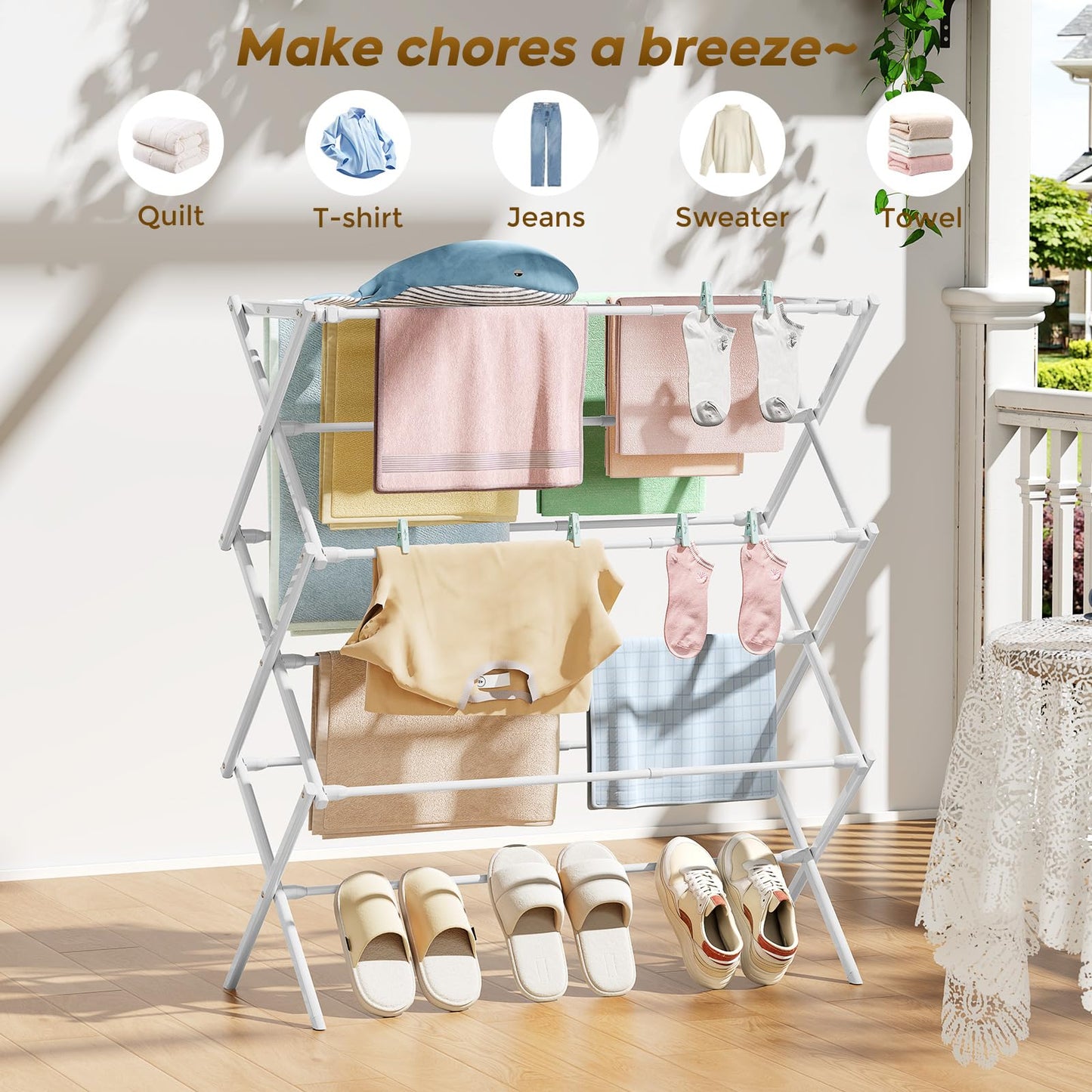 KINGBOARD Clothes Drying Rack, 3-Tier Laundry Drying Rack, Expandable Clothing Drying Rack for Indoor Air Drying Clothing, Clothing Dryer Towel Rack, White