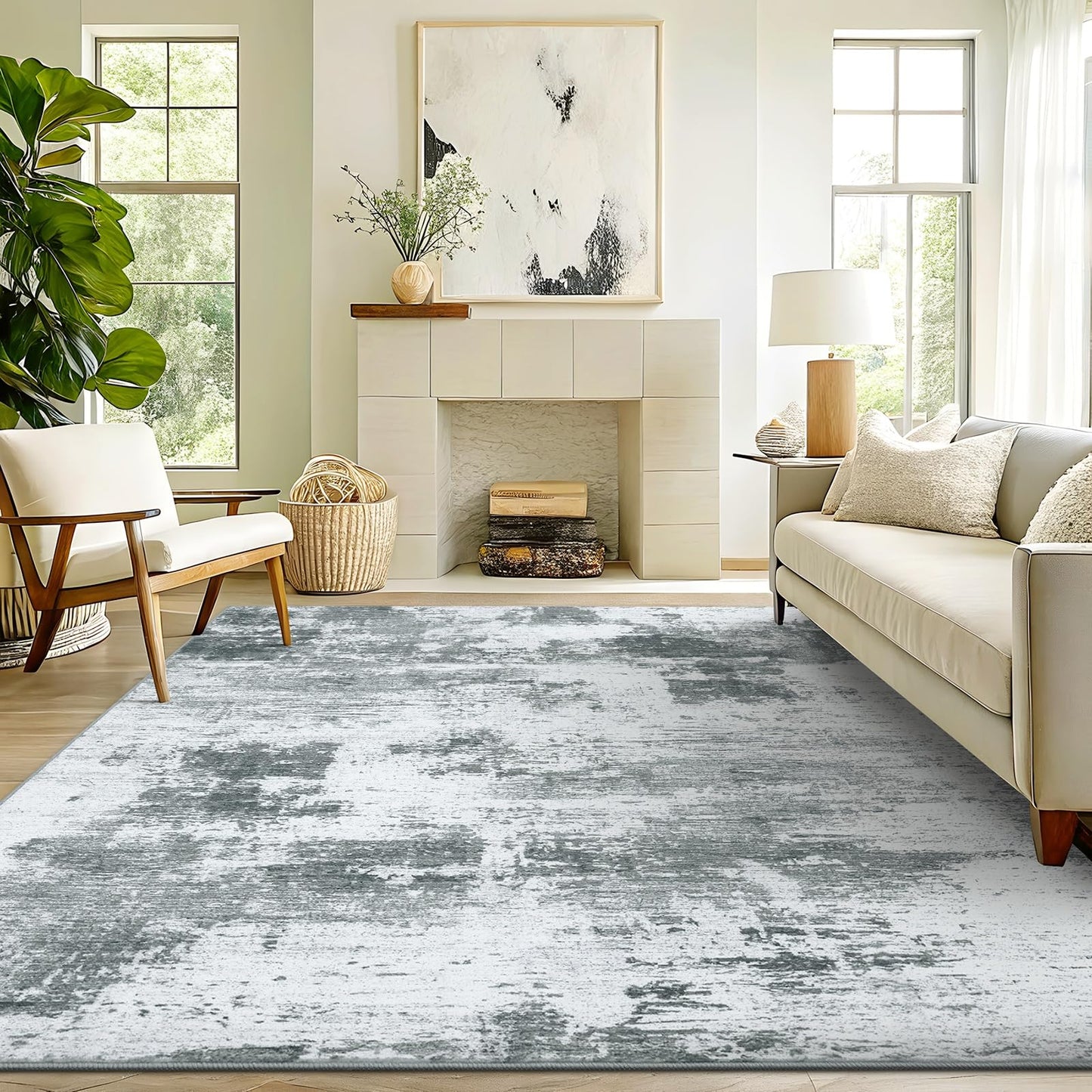 OLANLY Modern Abstract Area Rugs for Living Room, 4x6 Non Slip Machine Washable Rug, Lightweight Low Pile Floor Carpet for Bedroom, Dining Room, Nursery, Home Office, Entryway Rugs, Grey