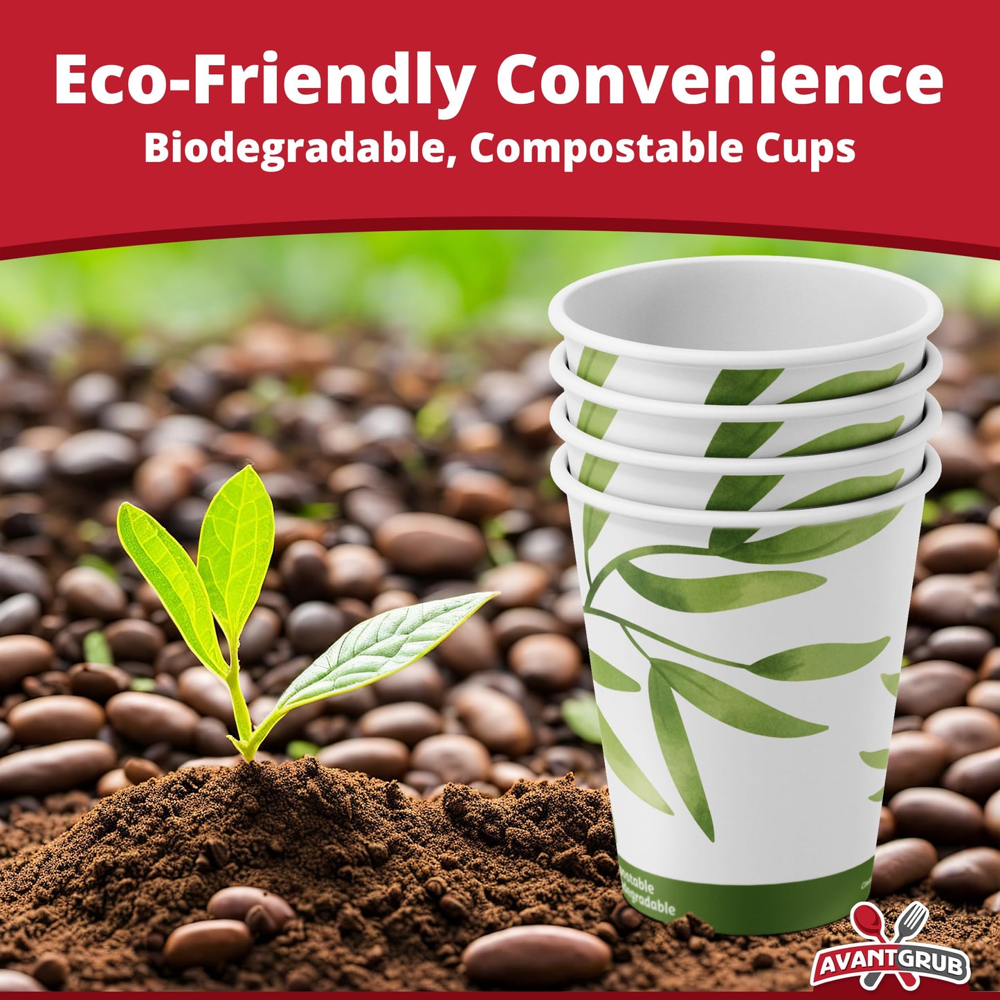 Avant Grub Biodegradable & Compostable 12 Oz Paper Coffee Cups. 100 Pack. Medium Sized, PLA Lined Disposable Beverage Cups For Hot & Cold Drinks. For Shops, Kiosks, Concession Stands & More.